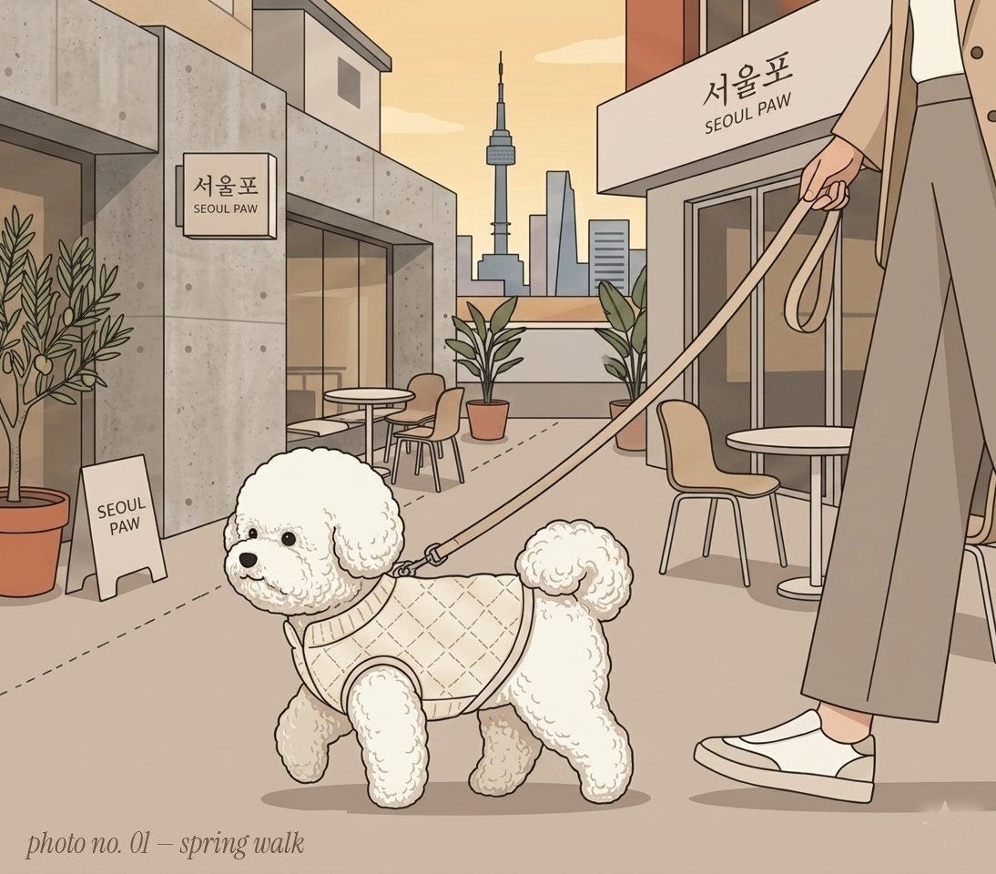 Seoul Paw — Bichon walking through Seoul on a spring afternoon